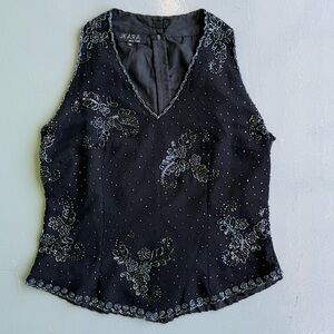 J Kara Black Embellished Sleeveless Blouse Glass Beaded size XL